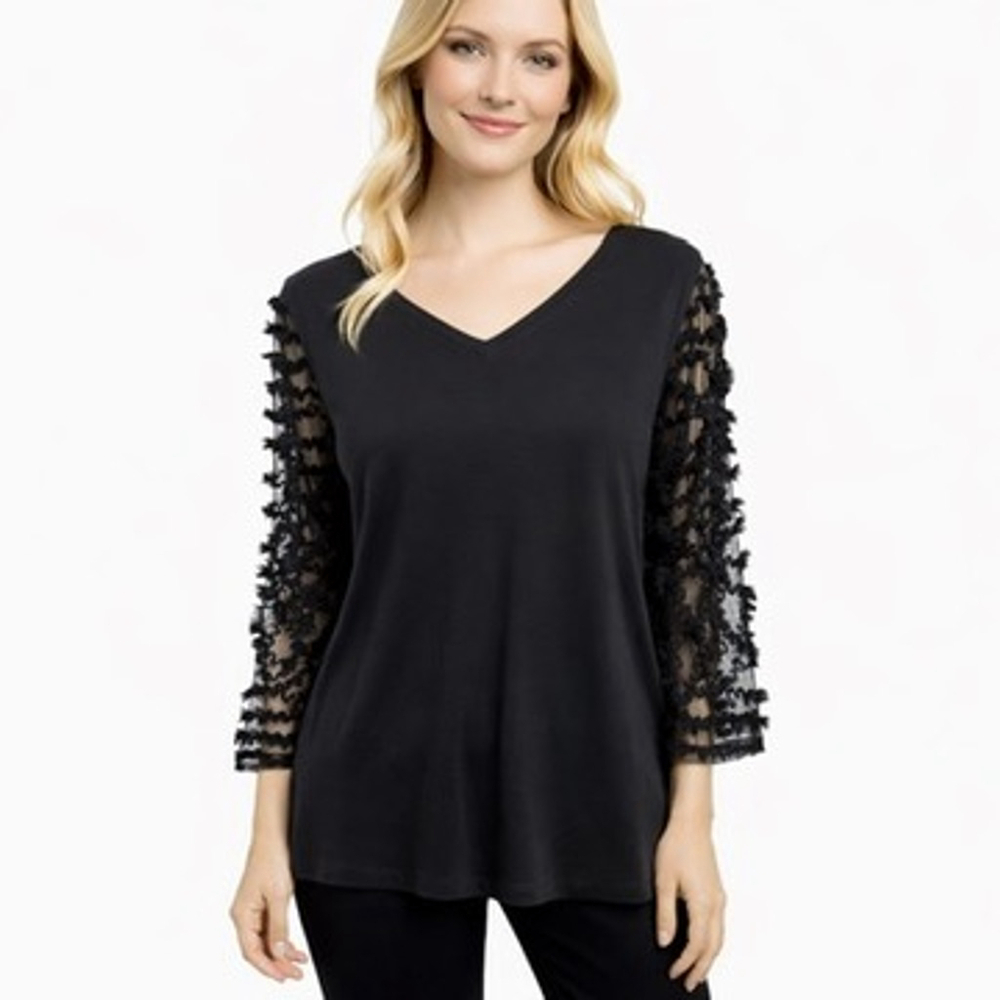 Chico's Black V-Neck Top Sheer Fringe Sleeves Romantic Revival Blouse Size XL 3